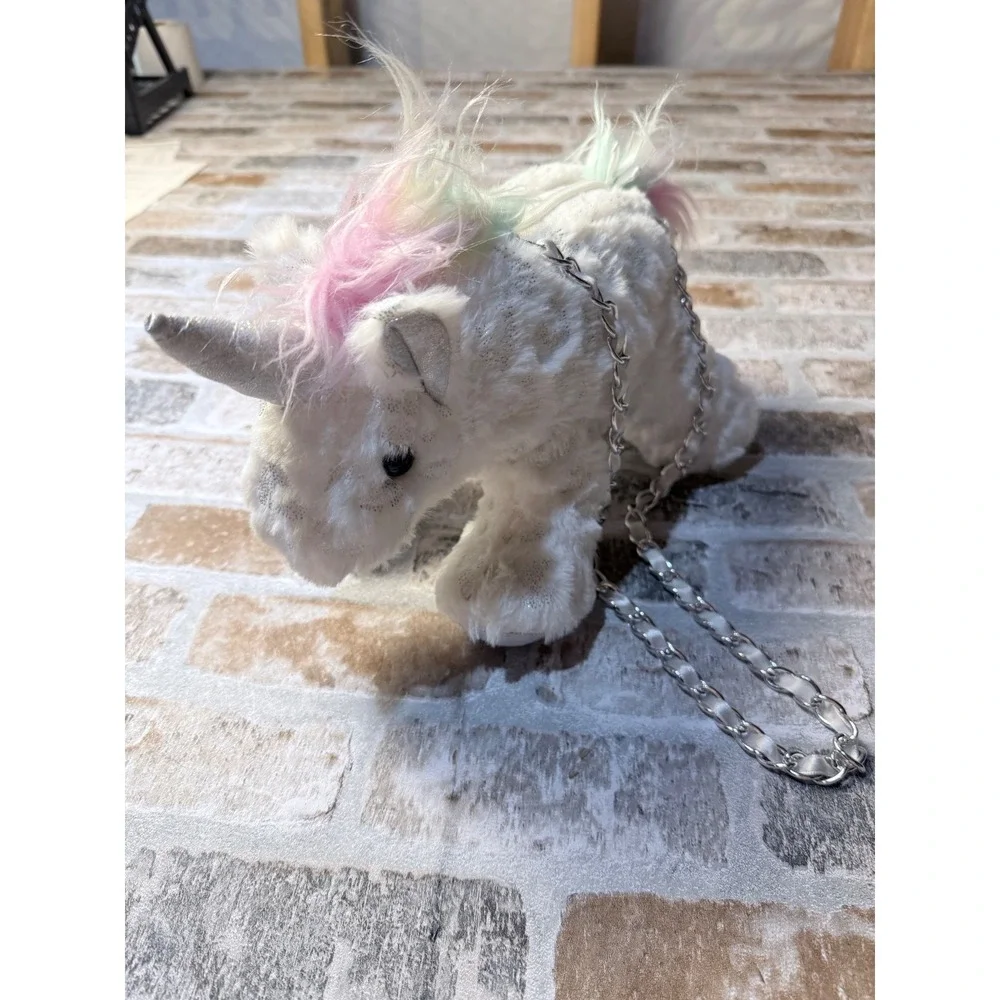 Toby Enterprises White Plush Unicorn Crossbody Bag Silver Leopard Print Rainbow